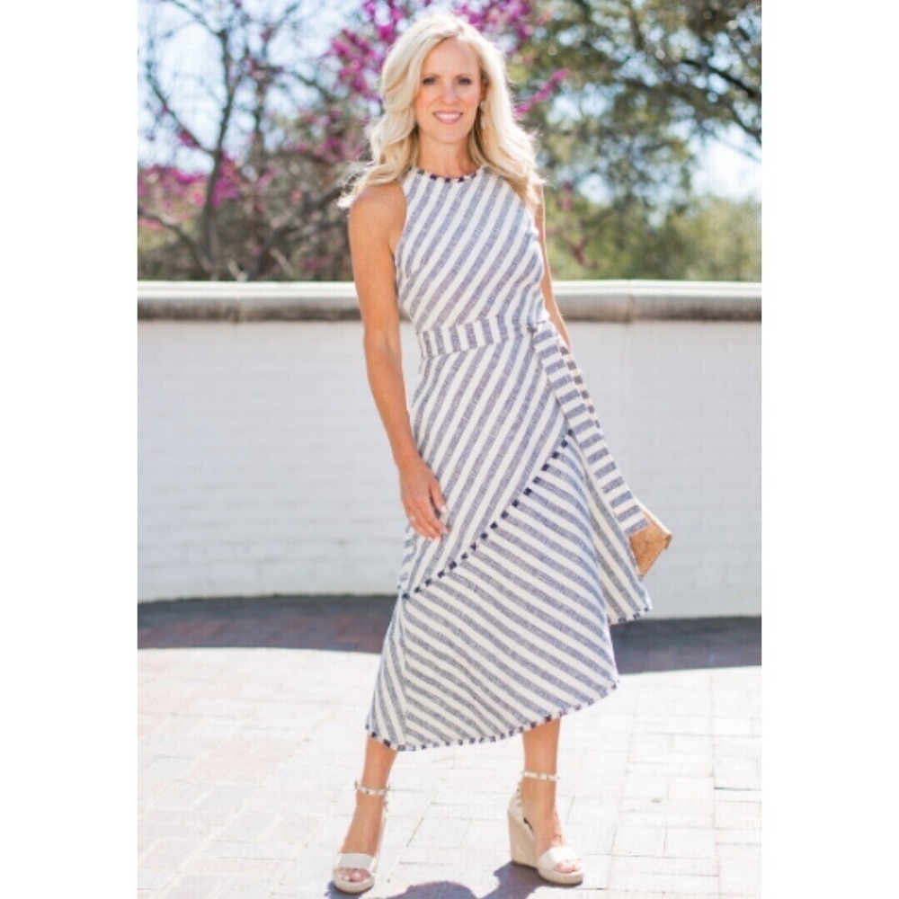 Banana Republic A-Symmetrical Tweed Striped Dress‎ Size 14 Cream Navy Summer